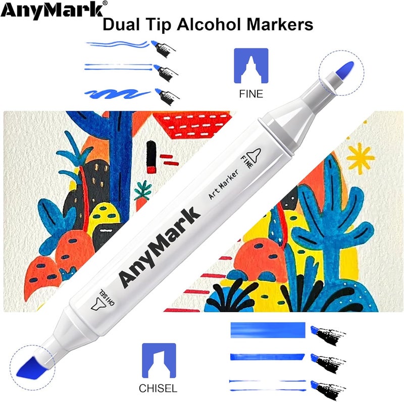 Anymark Alcohol Markers, 120 Colors Dual Tip Art Coloring Markers Set for Adult Book Drawing Sketching Painting, Chisel & Fine, White Penholder - Image 2